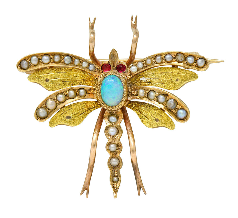 Art Nouveau Opal Pearl 14 Karat Two-Tone Gold Insect Pendant Brooch - Wilson's Estate Jewelry