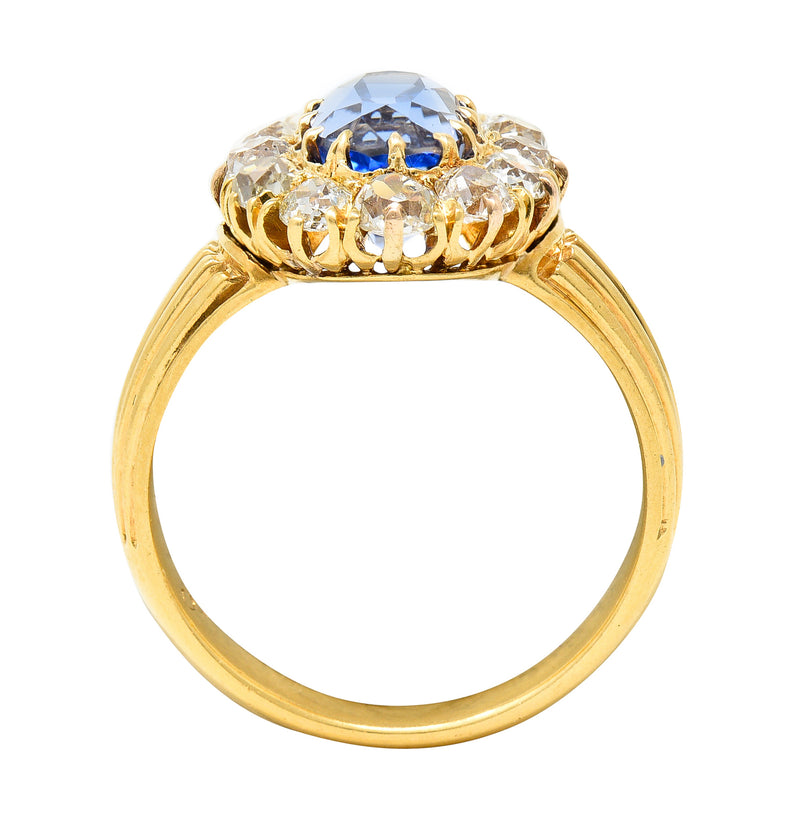 1867 Victorian 4.16 CTW Oval Cut No Heat Ceylon Sapphire Old Mine Cut Diamond 18 Karat Yellow Gold Antique Halo Ring GIA Wilson's Estate Jewelry