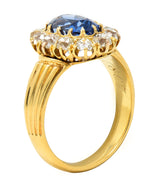 1867 Victorian 4.16 CTW Oval Cut No Heat Ceylon Sapphire Old Mine Cut Diamond 18 Karat Yellow Gold Antique Halo Ring GIA Wilson's Estate Jewelry