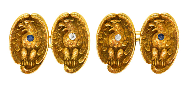 .11111 George O. Street & Sons Sapphire Diamond 14 Karat Yellow Gold Eagle Men's CufflinksCufflinks - Wilson's Estate Jewelry