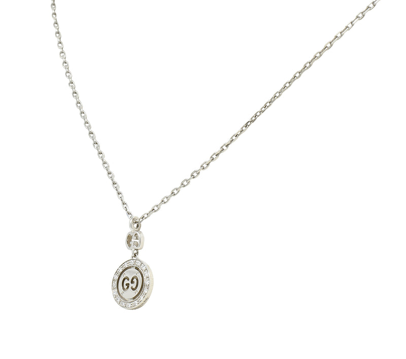 Gucci 2000 Diamond 18 Karat White Gold Double GG Twirl Brit Vintage Pendant Necklace Wilson's Estate Jewelry