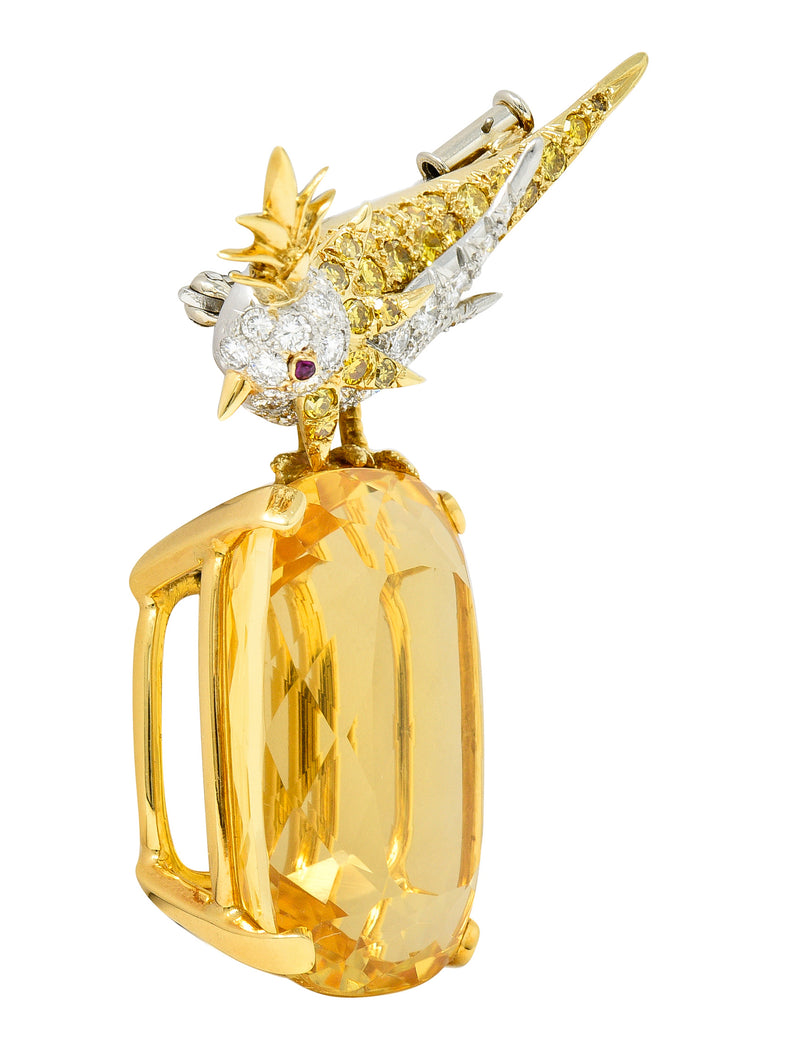 Schlumberger Tiffany & Co. Citrine Yellow Diamond Ruby Platinum 18 Karat  Yellow Gold Vintage Bird On A Rock Brooch