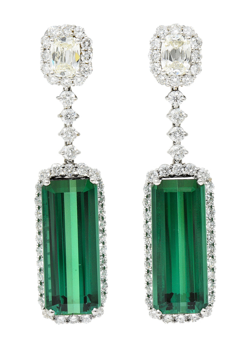 Vintage 21.10 CTW Green Tourmaline Diamond 18 Karat White Gold Cluster Gemstone Drop Earrings Wilson's Estate Jewelry