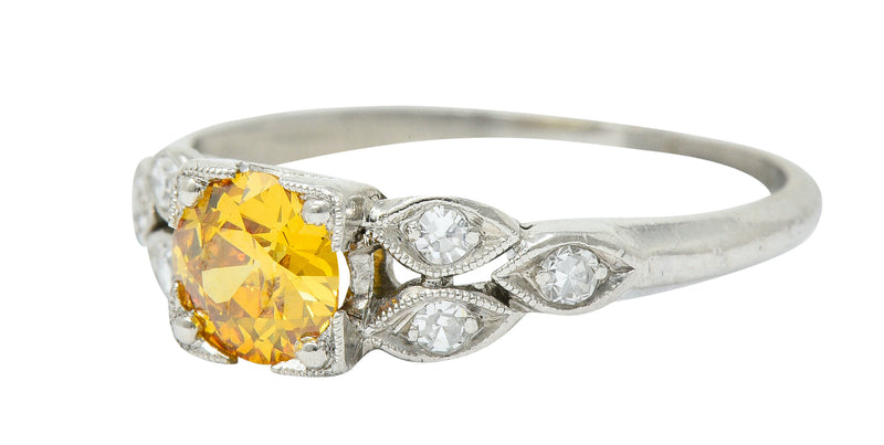 Retro 0.60 CTW Orange-Yellow & White Diamond Platinum Engagement Ring GIARing - Wilson's Estate Jewelry