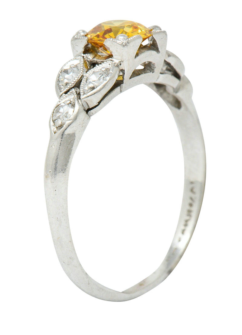 Retro 0.60 CTW Orange-Yellow & White Diamond Platinum Engagement Ring GIARing - Wilson's Estate Jewelry