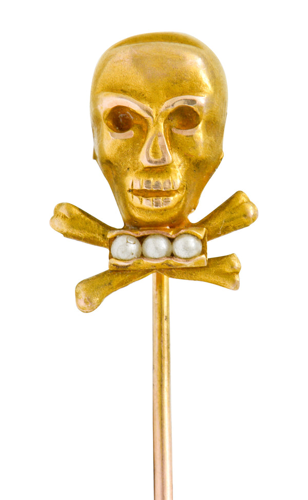 Victorian Natural Freshwater Seed Pearl Gold Skull Crossbones Stickpin - Wilson's Estate Jewelry