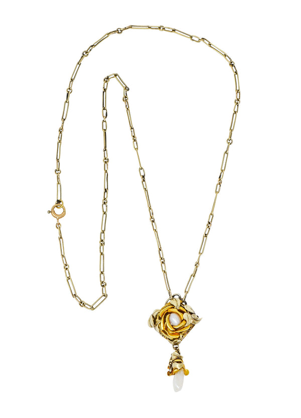 Arts & Crafts Pearl 14 Karat Two-Tone Gold Rose Drop NecklaceNecklace - Wilson's Estate Jewelry