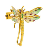 Riker Bros. Art Nouveau Ruby Demantoid Garnet Pearl Basse-Taille Enamel 14 Karat Yellow Gold Antique Dragonfly Brooch Wilson's Estate Jewelry