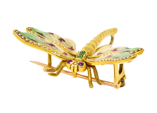 Riker Bros. Art Nouveau Ruby Demantoid Garnet Pearl Basse-Taille Enamel 14 Karat Yellow Gold Antique Dragonfly Brooch Wilson's Estate Jewelry