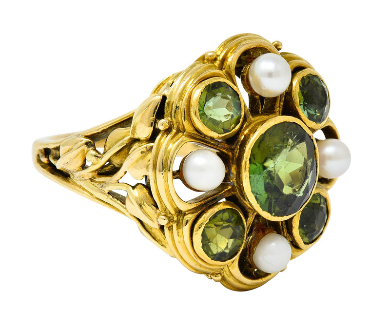 Arts & Crafts Tourmaline Pearl 18 Karat Gold Foliate Cluster RingRing - Wilson's Estate Jewelry