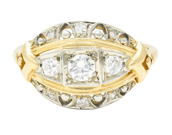 Jabel Art Deco Transitional Cut Diamond 14 Karat Two-Tone Gold Three Stone Bombay Band Ring Wilson's Estate Jewelry