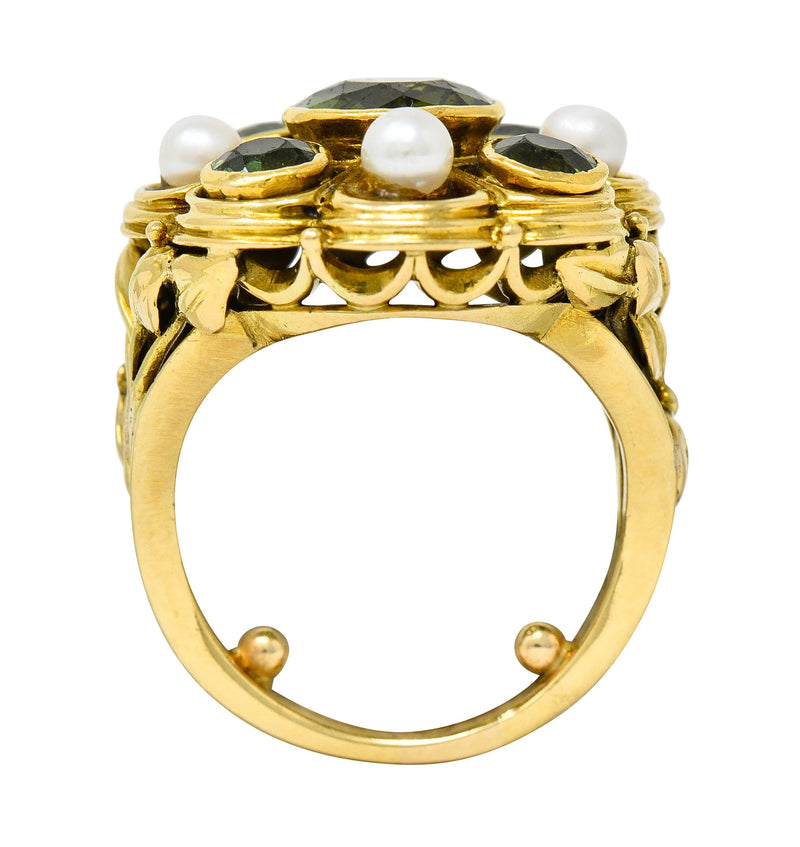 Arts & Crafts Tourmaline Pearl 18 Karat Gold Foliate Cluster RingRing - Wilson's Estate Jewelry