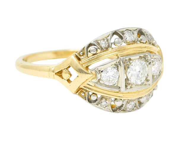Jabel Art Deco Transitional Cut Diamond 14 Karat Two-Tone Gold Three Stone Bombay Band Ring Wilson's Estate Jewelry