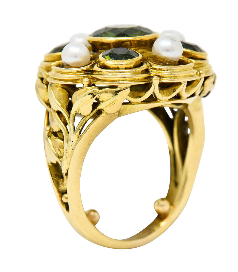 Arts & Crafts Tourmaline Pearl 18 Karat Gold Foliate Cluster Ring ...