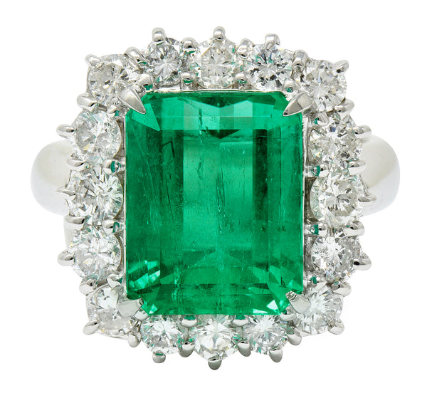 Vivid 7.70 CTW Colombian Emerald Diamond Platinum Cluster Ring GIARing - Wilson's Estate Jewelry