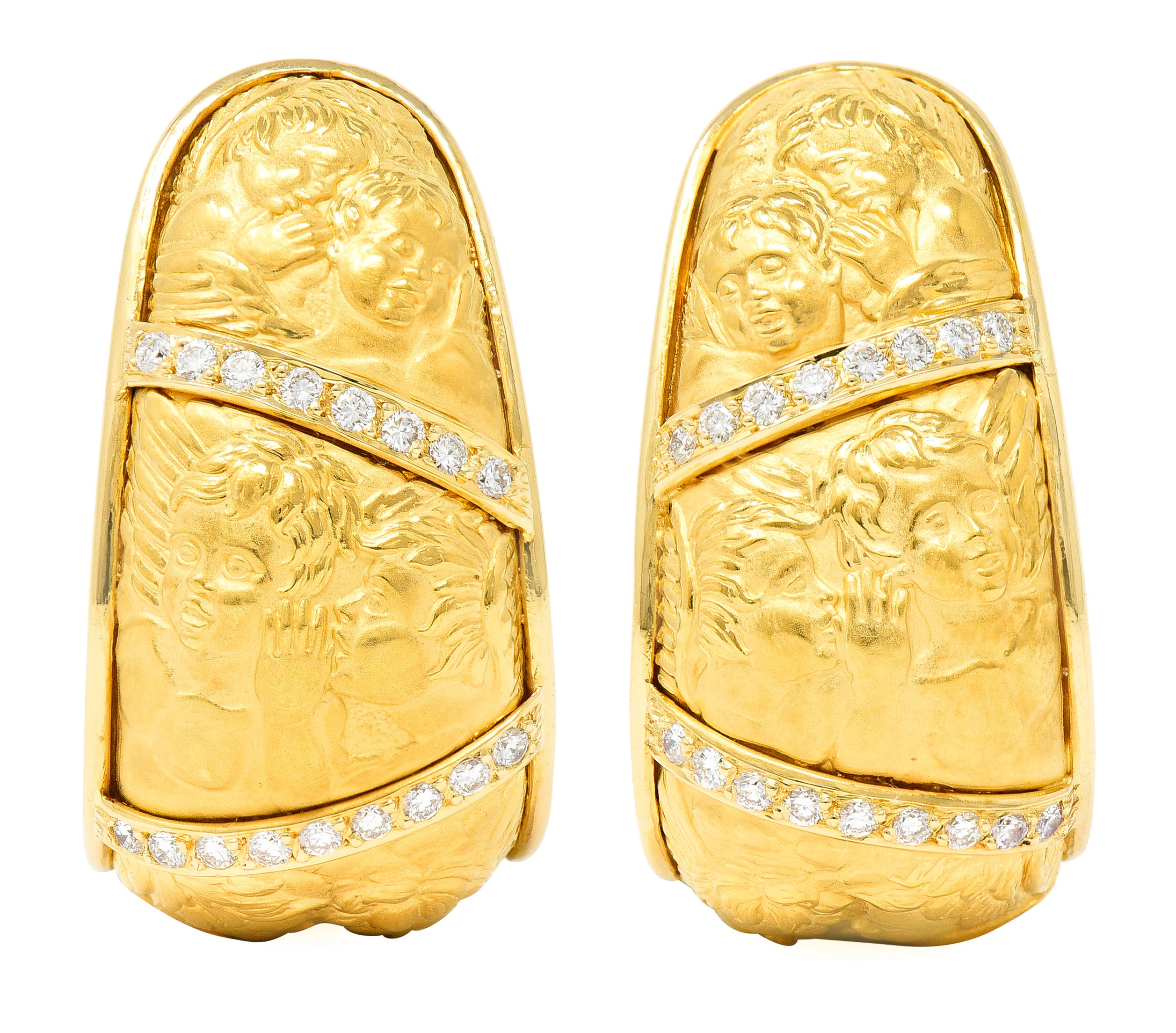 Carrera Y Carrera Diamond 18 Karat Yellow Gold Repoussé Cherub Vintage J Hoop Earirngs Wilson's Estate Jewelry