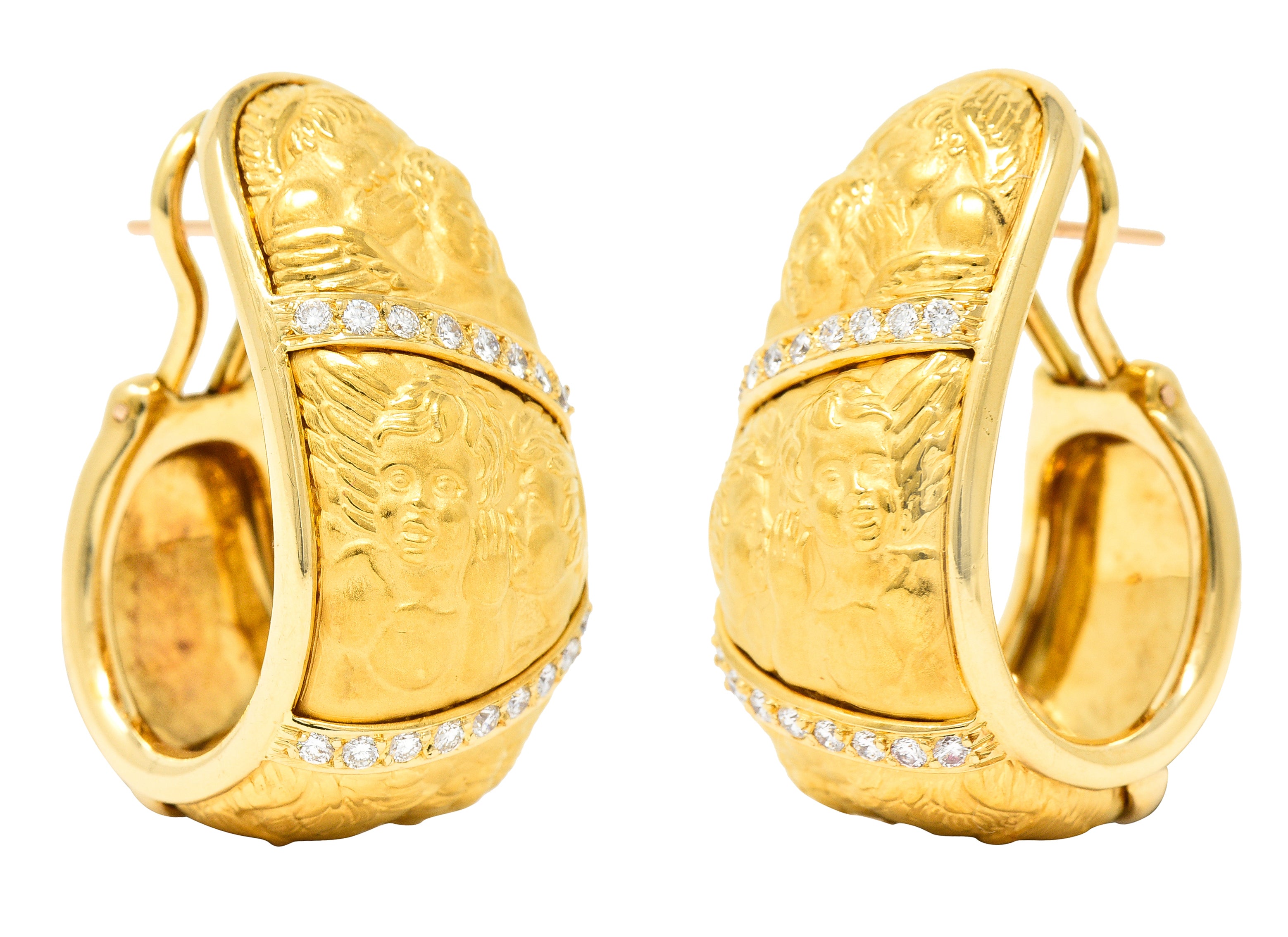Carrera Y Carrera Diamond 18 Karat Yellow Gold Repoussé Cherub Vintage J Hoop Earirngs Wilson's Estate Jewelry