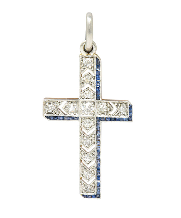Art Deco 0.75 CTW Diamond Sapphire Platinum-Topped 14 Karat Yellow Gold Arrow Cross Pendant Wilson's Estate Jewelry