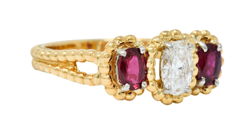 Oscar Heyman 1.07 CTW Diamond Ruby 18 Karat Gold Platinum Three Stone RingRing - Wilson's Estate Jewelry