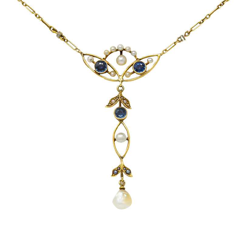 Art Nouveau Sapphire Pearl 14 Karat Gold Ornate Station NecklaceNecklace - Wilson's Estate Jewelry