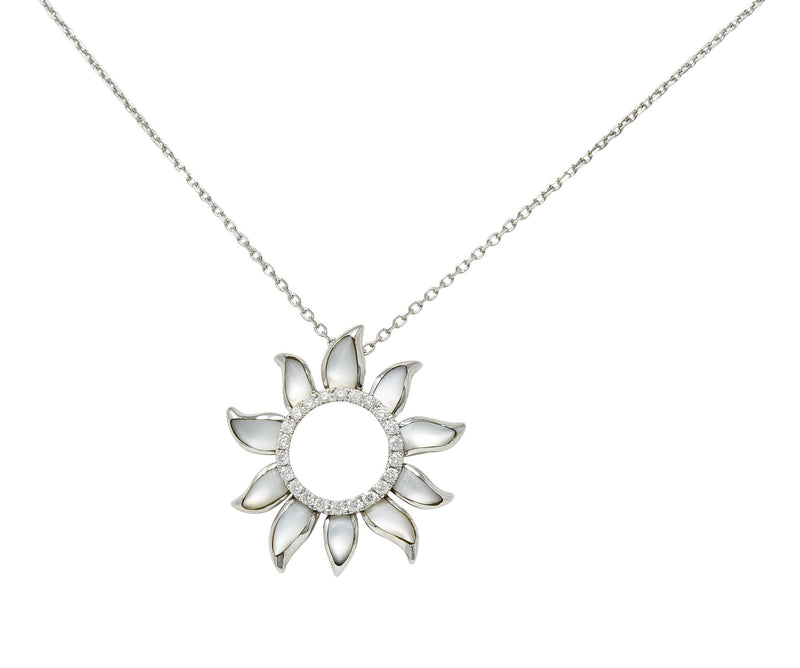 Hawaiian Na Hoku Mother-Of-Pearl Diamond 14 Karat White Gold Sun Pendant Necklace - Wilson's Estate Jewelry