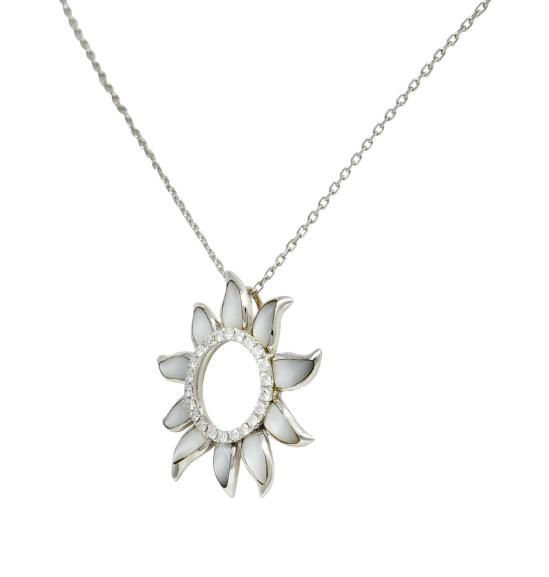 Hawaiian Na Hoku Mother-Of-Pearl Diamond 14 Karat White Gold Sun Pendant Necklace - Wilson's Estate Jewelry