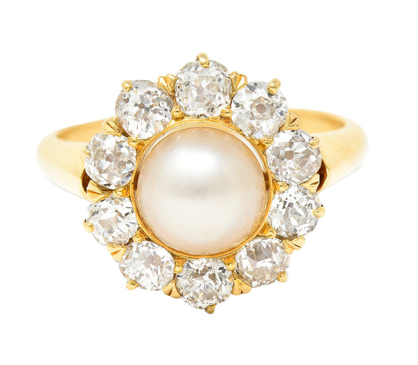 Victorian 0.80 CTW Old Mine Cut Diamond Natural Pearl 18 Karat Yellow Gold Antique Cluster Ring Wilson's Estate Jewelry