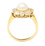 Victorian 0.80 CTW Old Mine Cut Diamond Natural Pearl 18 Karat Yellow Gold Antique Cluster Ring Wilson's Estate Jewelry