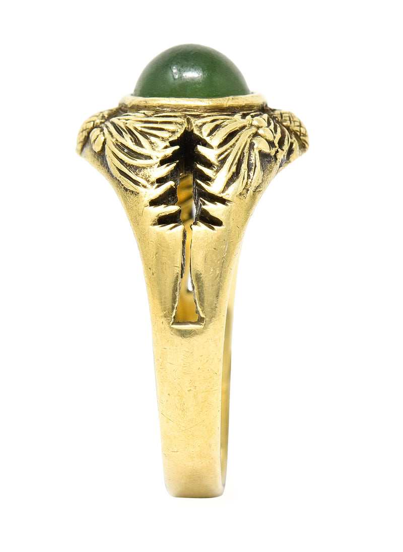 Frank Walter Lawrence Art Nouveau Jade Cabochon 14 Karat Yellow Gold Pine Cone Tree Unisex Antique Ring Wilson's Estate Jewelry