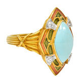 Art Nouveau Turquoise Diamond Enamel Platinum-Topped 14 Karat Gold Navette RingRing - Wilson's Estate Jewelry