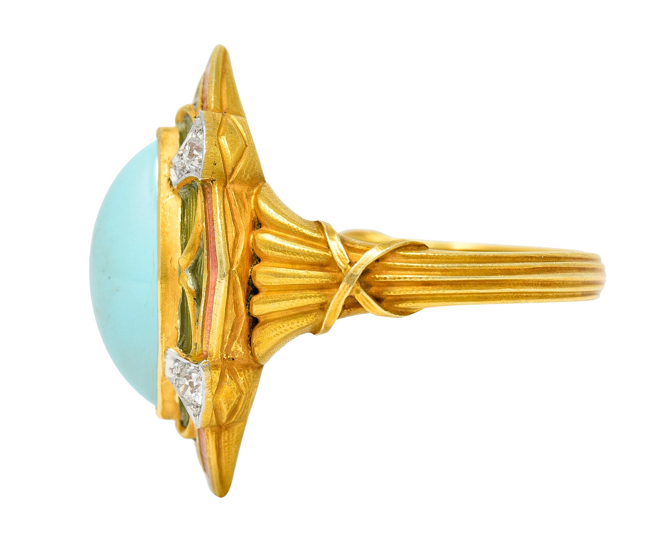 Art Nouveau Turquoise Diamond Enamel Platinum-Topped 14 Karat Gold Navette RingRing - Wilson's Estate Jewelry