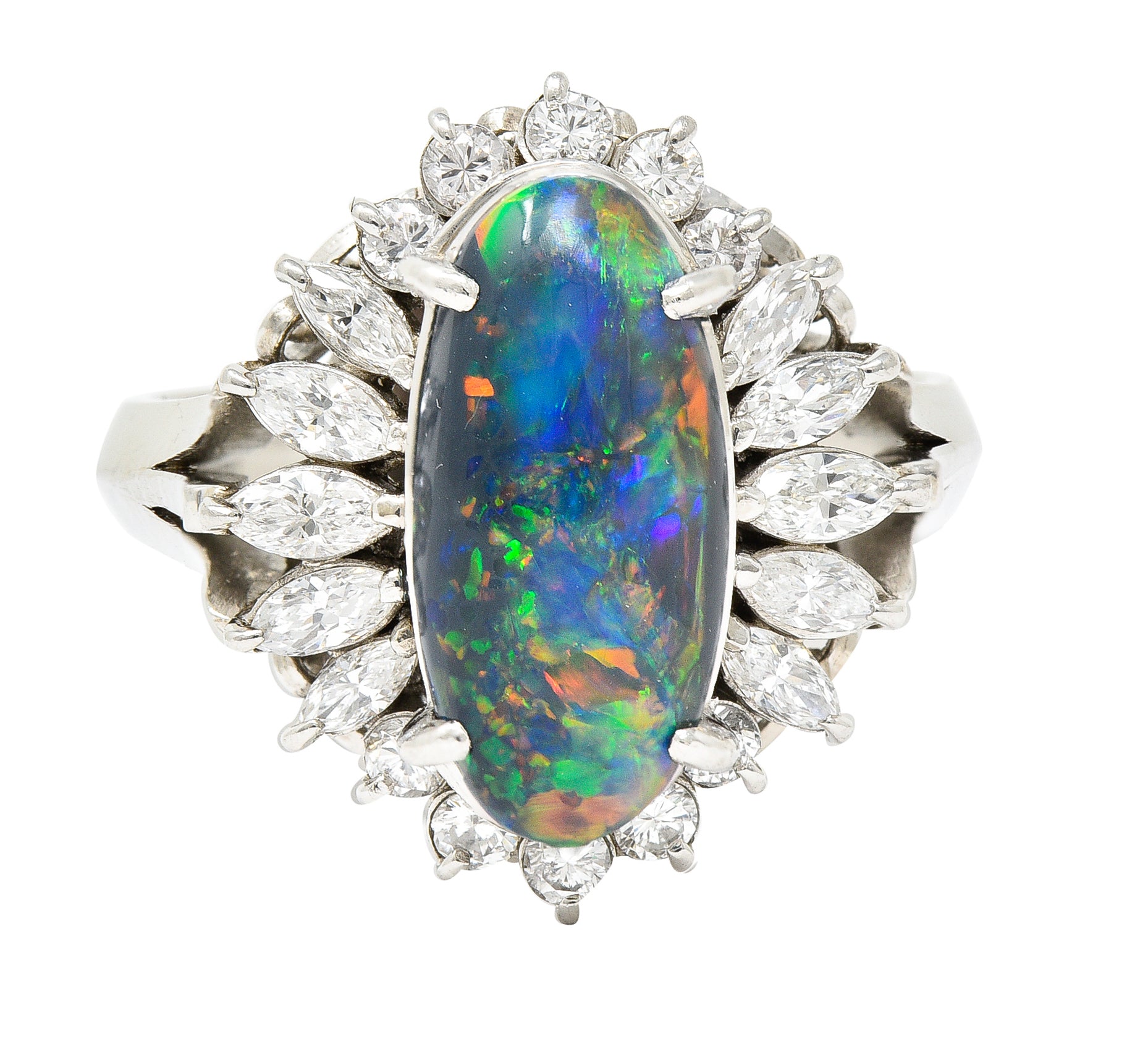 Vintage Black Opal Cabochon Marquise Cut Diamond Platinum Cluster Ring Wilson's Estate Jewelry