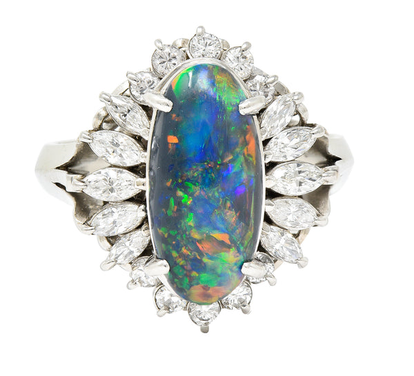 Vintage Black Opal Cabochon Marquise Cut Diamond Platinum Cluster Ring Wilson's Estate Jewelry