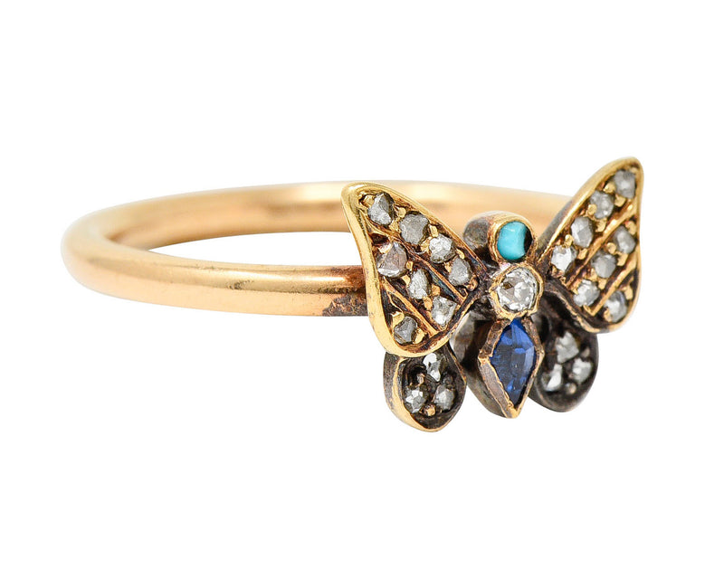 Victorian Diamond Sapphire Turquoise 14 & 18 Karat Rose Gold Butterfly RingRing - Wilson's Estate Jewelry