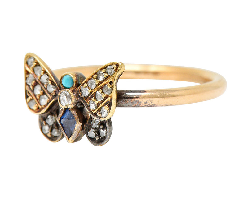 Victorian Diamond Sapphire Turquoise 14 & 18 Karat Rose Gold Butterfly RingRing - Wilson's Estate Jewelry