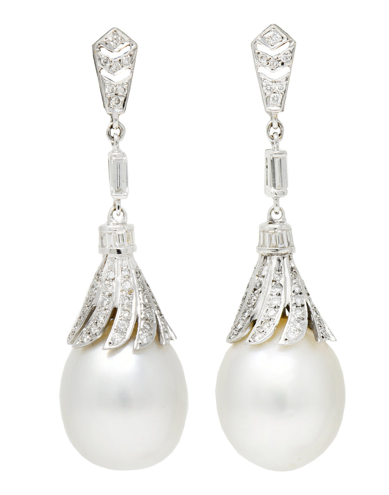 1950's Mid-Century South Sea Pearl 1.75 CTW Diamond 18 Karat White Gold Vintage Drop Earrings Wilson's Estate Jewelry