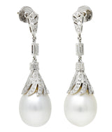 1950's Mid-Century South Sea Pearl 1.75 CTW Diamond 18 Karat White Gold Vintage Drop Earrings Wilson's Estate Jewelry