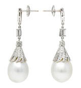 1950's Mid-Century South Sea Pearl 1.75 CTW Diamond 18 Karat White Gold Vintage Drop Earrings Wilson's Estate Jewelry