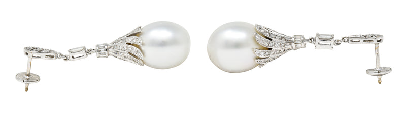 1950's Mid-Century South Sea Pearl 1.75 CTW Diamond 18 Karat White Gold Vintage Drop Earrings Wilson's Estate Jewelry