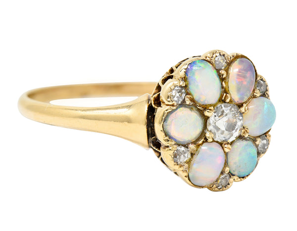 Victorian Old European Cut Diamond Opal Cabochon 14 Karat Yellow Gold Floral Antique Cluster Ring Wilson's Estate Jewelry