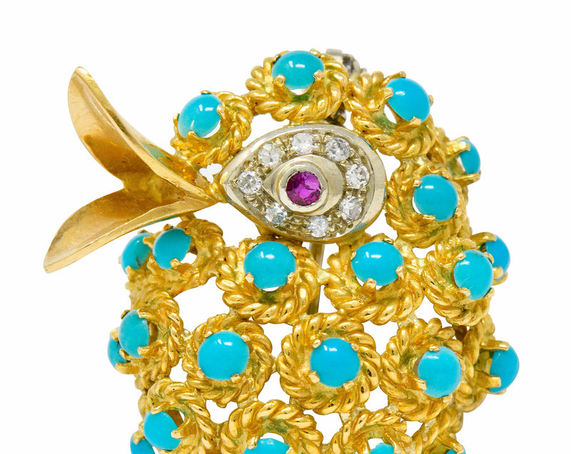 1960's Vintage Turquoise Diamond Ruby 18 Karat Gold Singing Bird Brooch - Wilson's Estate Jewelry