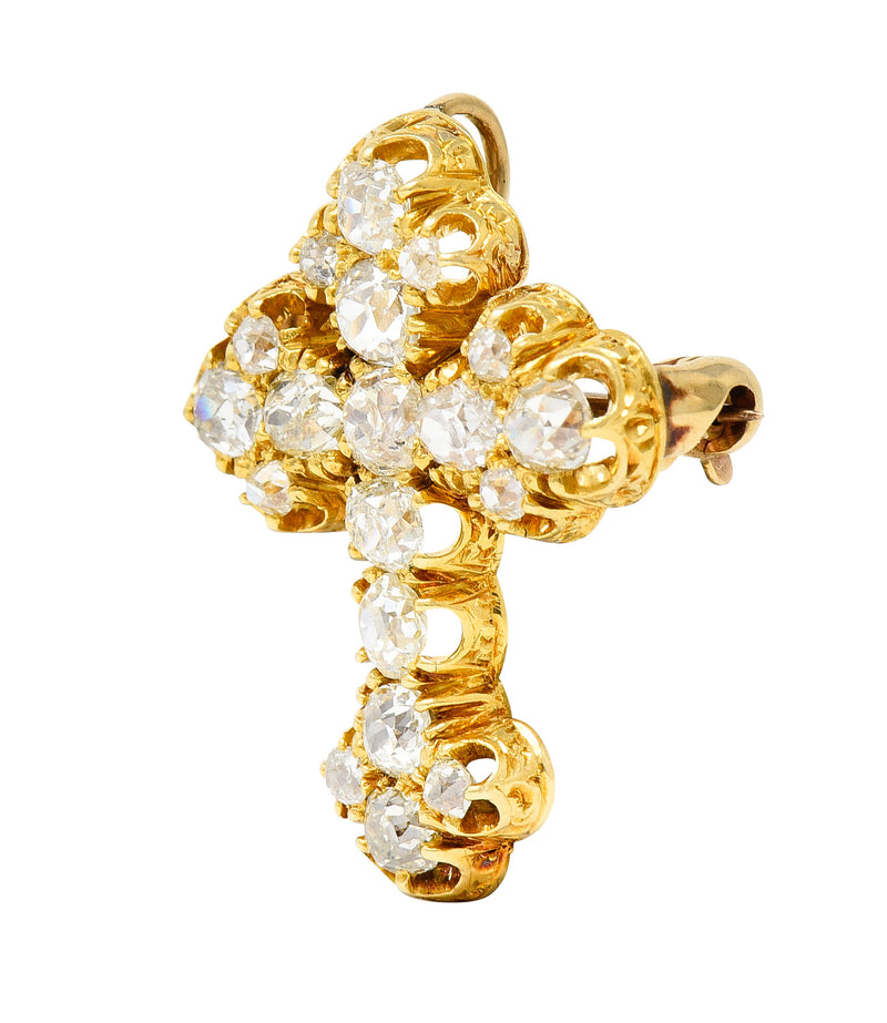 1870's Victorian 2.00 CTW Old Mine Diamond 18 Karat Yellow Gold Cross Pendant BroochBrooches & Lapel Pins - Wilson's Estate Jewelry