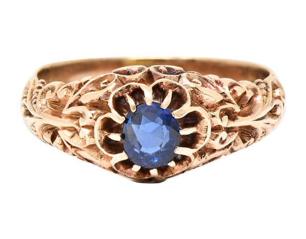 Victorian Sapphire 14 Karat Rose Gold Belcher Scrolling Heart Antique Ring Wilson's Estate Jewelry