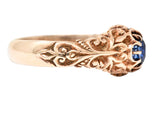 Victorian Sapphire 14 Karat Rose Gold Belcher Scrolling Heart Antique Ring Wilson's Estate Jewelry