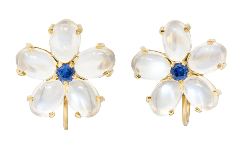 Tiffany & Co. Retro Sapphire Moonstone 14 Karat Gold Flower Screwback EarringsEarrings - Wilson's Estate Jewelry