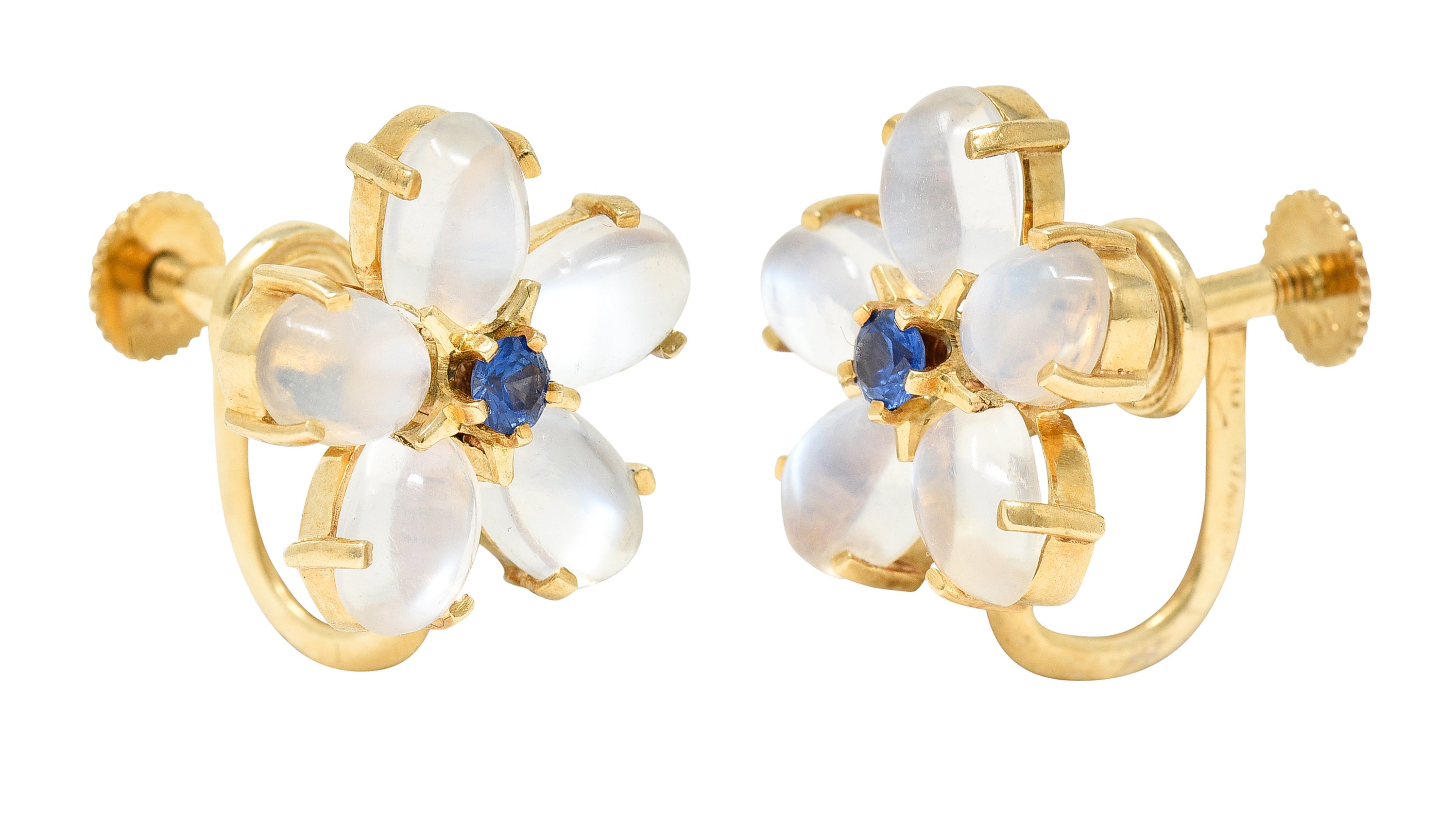 Tiffany & Co. Retro Sapphire Moonstone 14 Karat Gold Flower Screwback EarringsEarrings - Wilson's Estate Jewelry