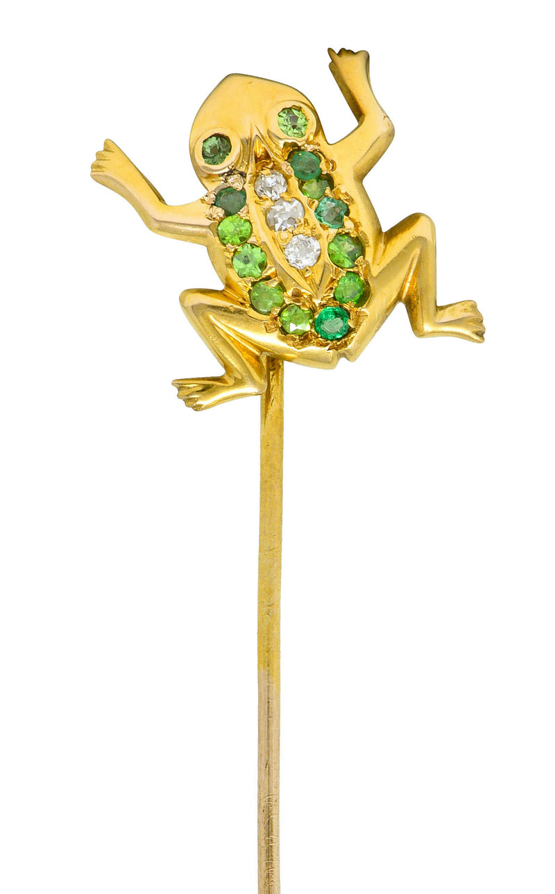Art Nouveau Diamond Demantoid Garnet 14 Karat Gold Frog StickpinStick Pin - Wilson's Estate Jewelry
