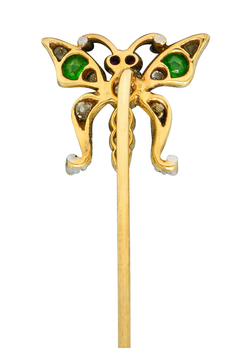 Victorian Demantoid Garnet Diamond Silver-Topped Gold Butterfly Stickpin - Wilson's Estate Jewelry