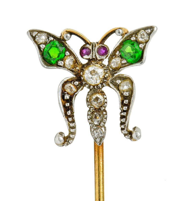 Victorian Demantoid Garnet Diamond Silver-Topped Gold Butterfly Stickpin - Wilson's Estate Jewelry