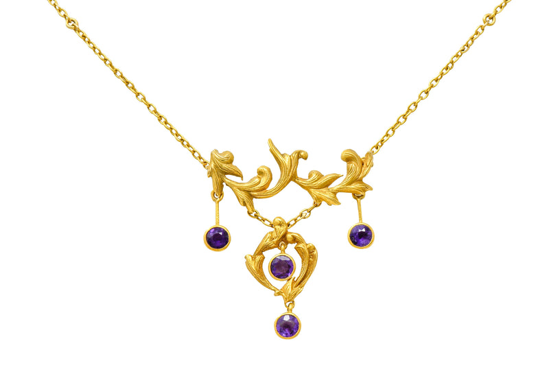 Art Nouveau Amethyst 14 Karat Gold Foliate Whiplash Swag NecklaceNecklace - Wilson's Estate Jewelry